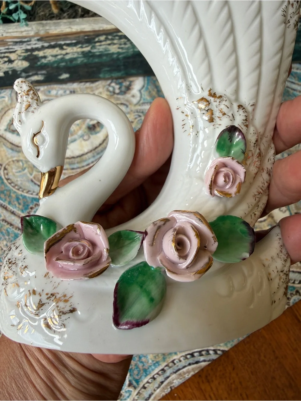 Swan Vase Pink Roses Gold Trim Vintage Ceramic Planter Vase Cottage Chic - Picture 5 of 9